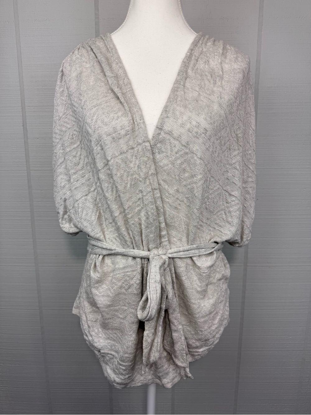 Moth Anthropologie Gray Knit Geometric Open Tie Waist Kimono Cardigan 3/4 Dolman
